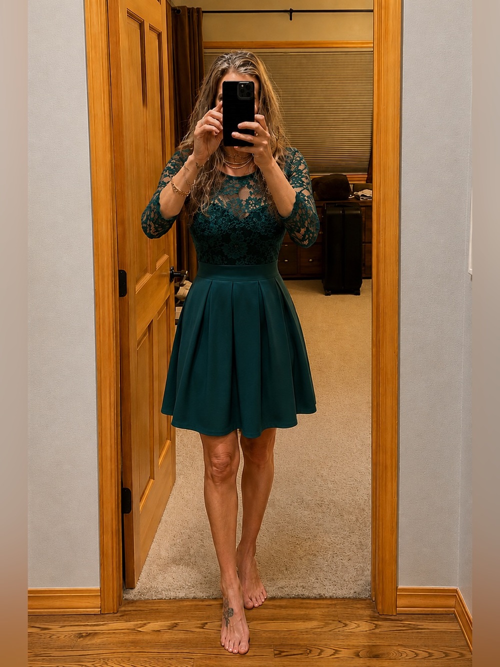 Miusol Teal Lace Fit-and-Flare Midi Dress